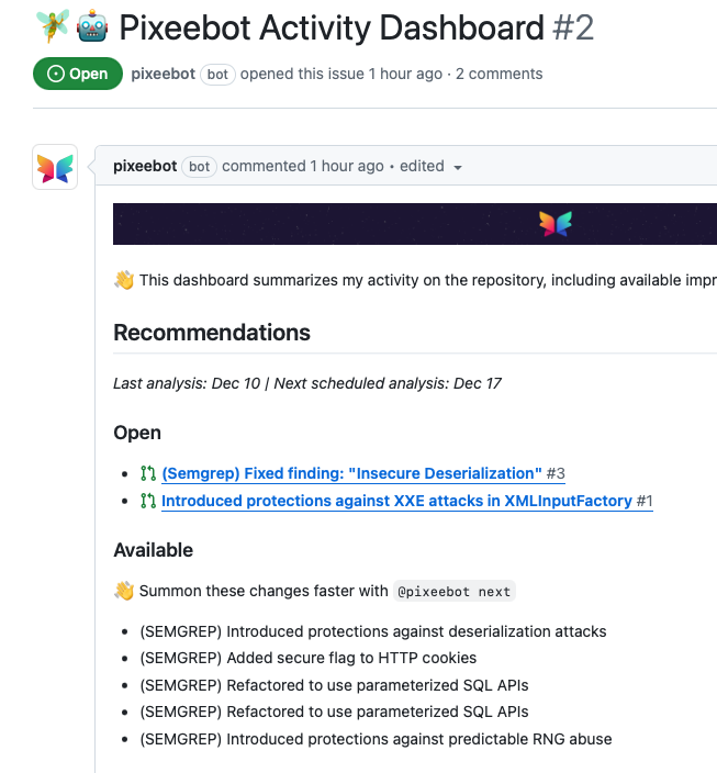 Pixeebot Activity Dashboard issue